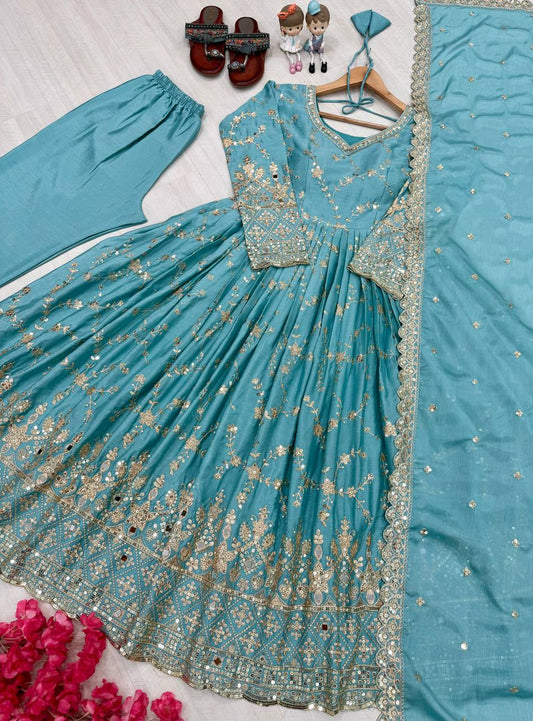 Outstanding Sequence Work Sky Blue Color Anarkali Gown