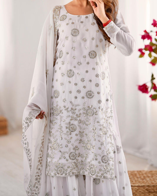 Stunning Sequence Work White Color Sharara Suit