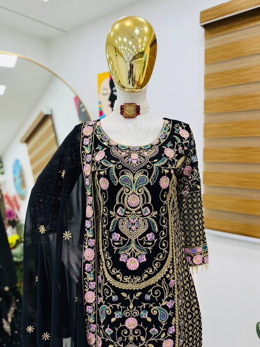 Adorable Heavy Work Black Color Palazzo Suit