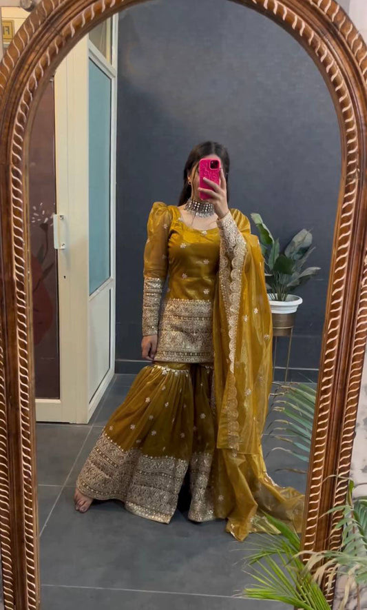 Awesome Embroidery Work Yellow Color Sharara Suit