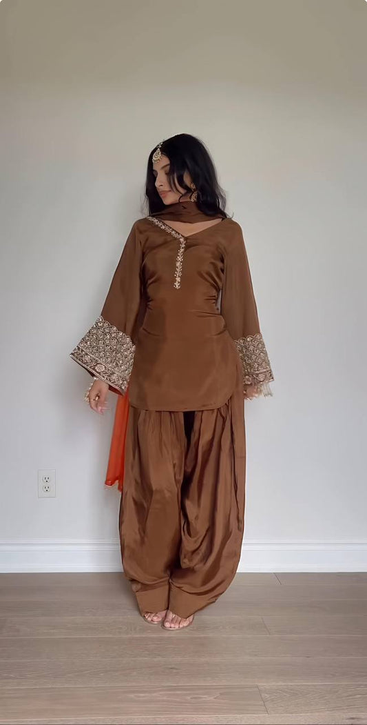 Casual Wear Satin Silk Brown Color Salwar Suit