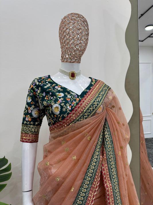 Designer Sequence Work Peach Color Saree