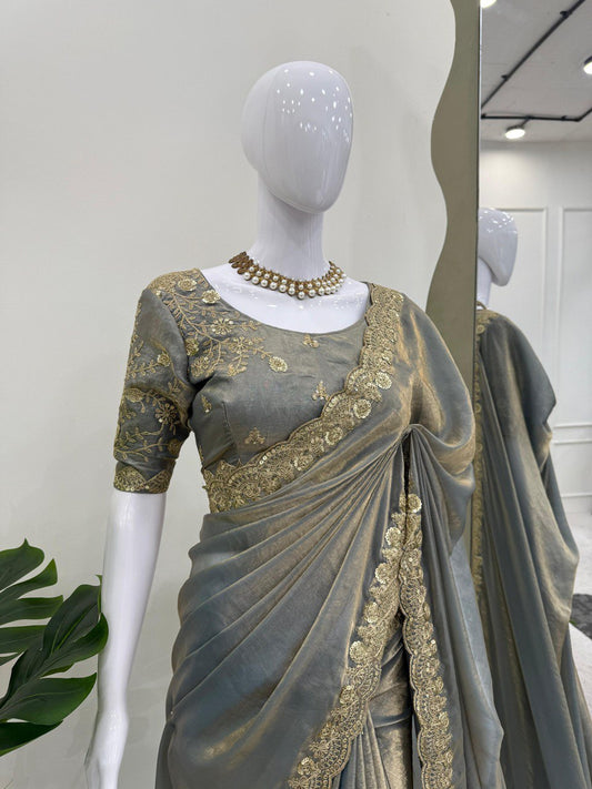 Delightful Sequence Work Grey Color Saree