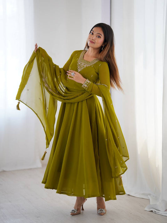 Adorable Mehndi Color Anarkali Gown