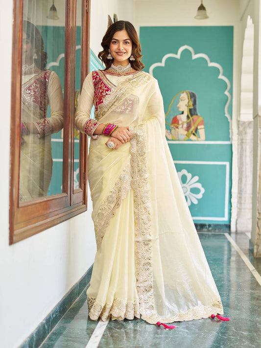 Occasion Wear Gota Pati Work Off White Color Saree With Pink Blouse