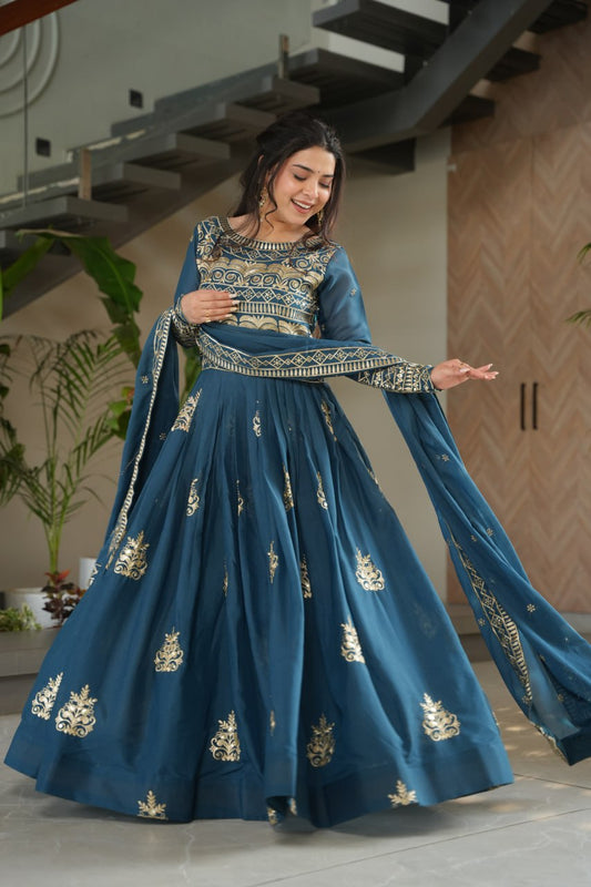 Attractive Embroidery Work Rama Color Gown