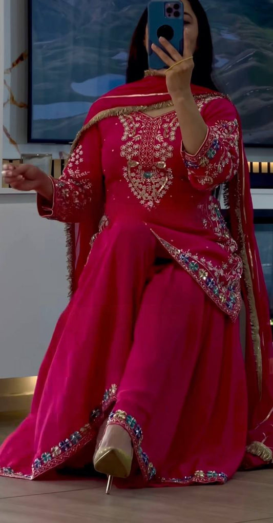 Stylish Multi Thread Work Pink Color Palazzo Suit
