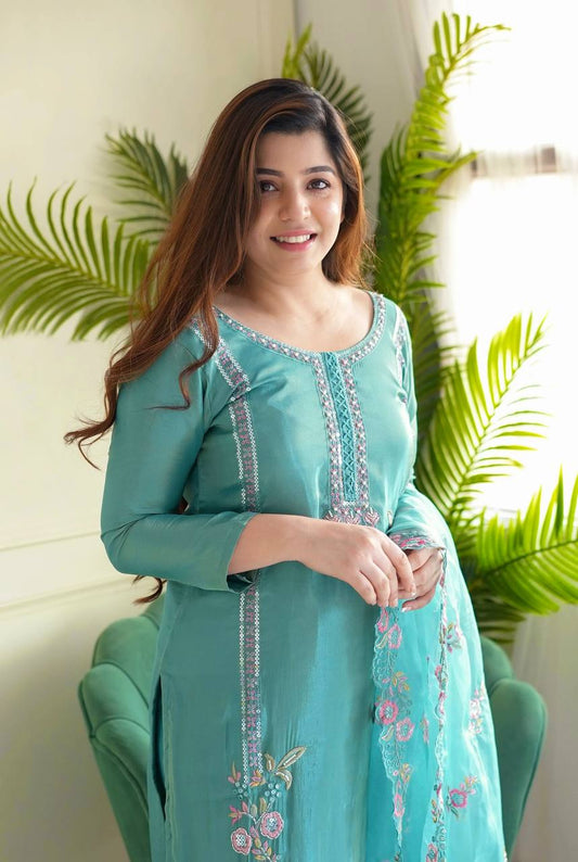 Elegant Embroidery Work Sky Blue Color Salwar Suit