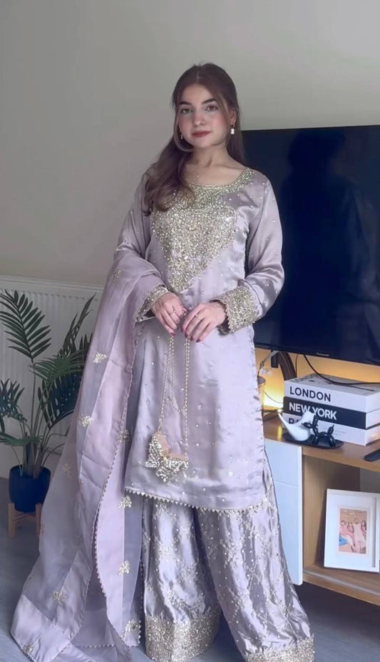 Fantastic Embroidery Work Lavender Color Sharara Suit