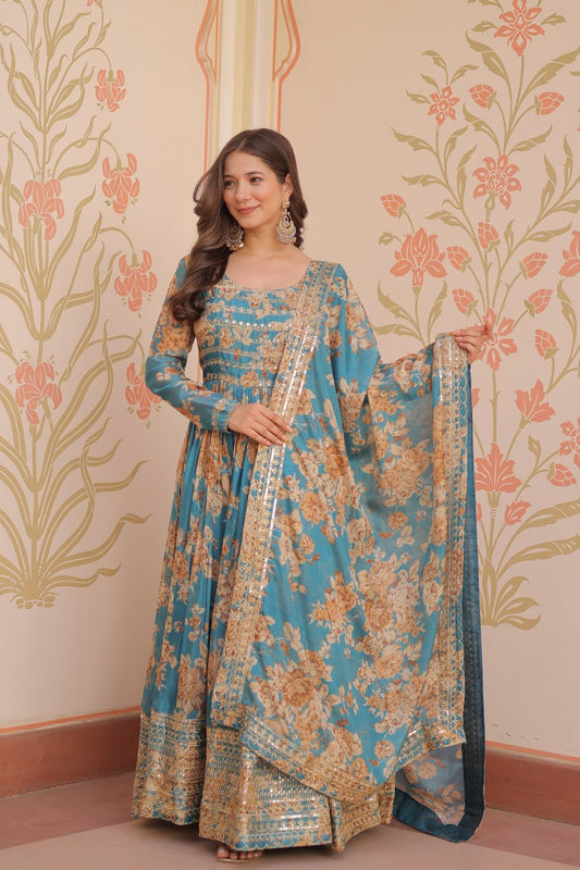 Captivating Flower Print Sky Blue Color Long Gown