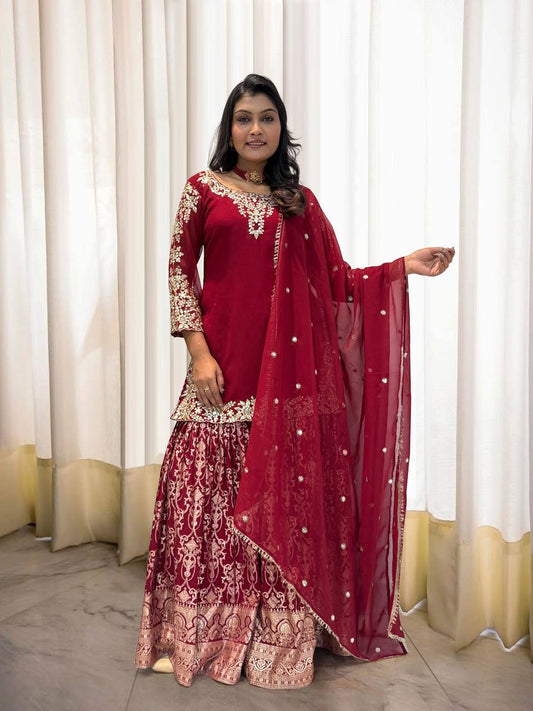 Designer Heavy Work Red Color Sharara Suit
