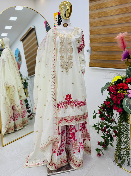 Function Wear Heavy Work White Color Sharara Suit