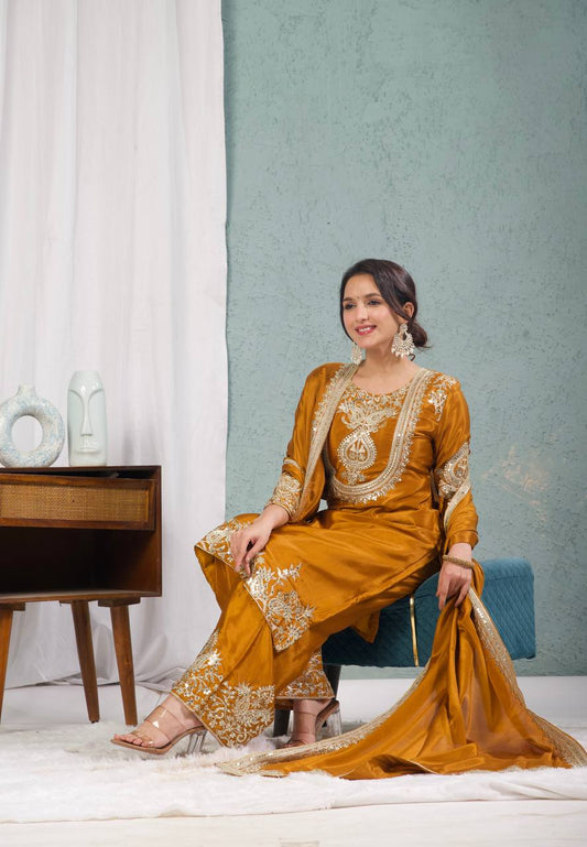 Adorable Embroidery Work Mustard Color Salwar Suit