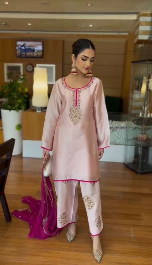 Designer Embroidery Work Peach Color Palazzo Suit