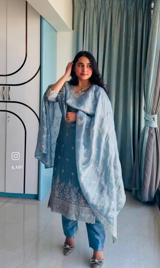 Attractive Sequence Work Sky Color Suit Set