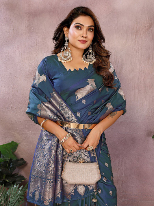 Festive Wear Navy Blue Color Banarasi Silk Saree