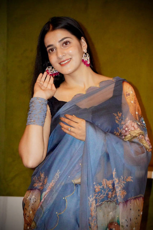 Butterfly Print Sky Blue Color Decent Saree