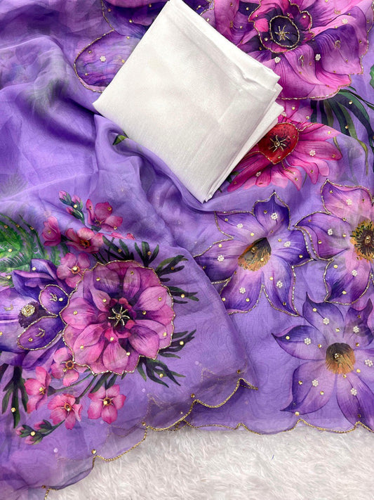 Delightful Multi Flower Print Lavender Color Saree