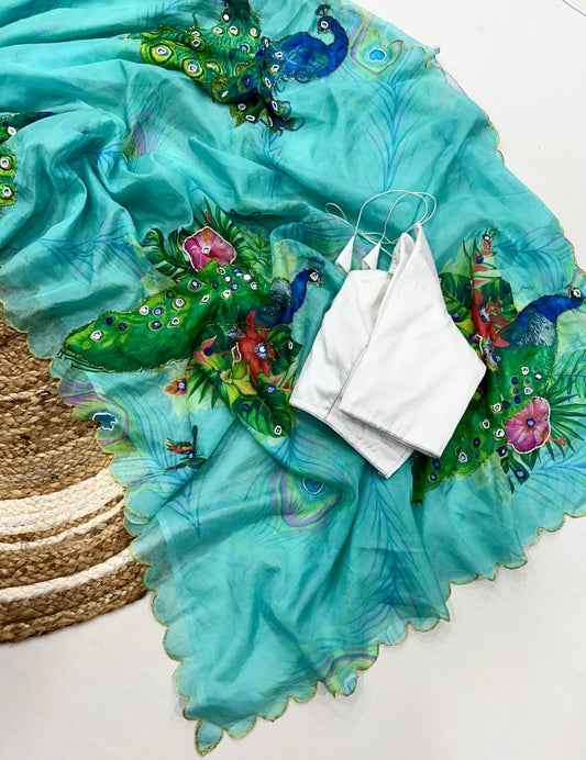 Classic Peacock Print Blue Color Saree