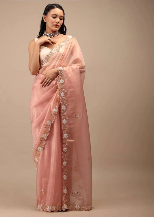 Lovely Border Work Peach Color Saree