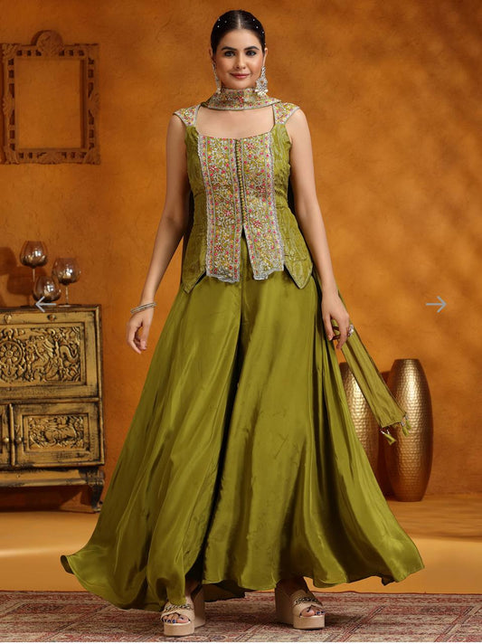 Wedding Wear Embroidery Work Mehndi Color Palazzo Suit