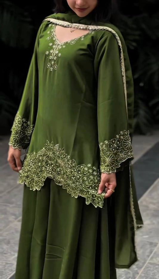 Stunning Georgette Mehndi Color Sharara Suit
