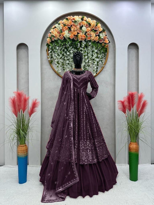 Delightful Sequence Thread Work Marron Top With Lehenga