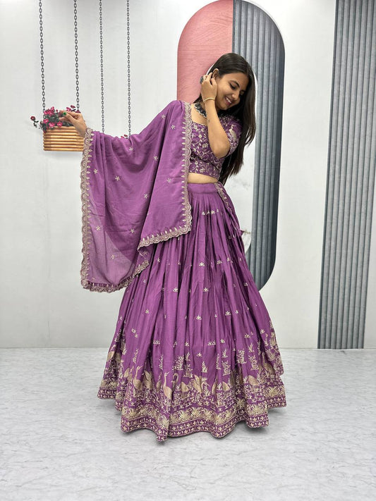 Wedding Wear Embroidery Work Lavender Color Lehenga Choli