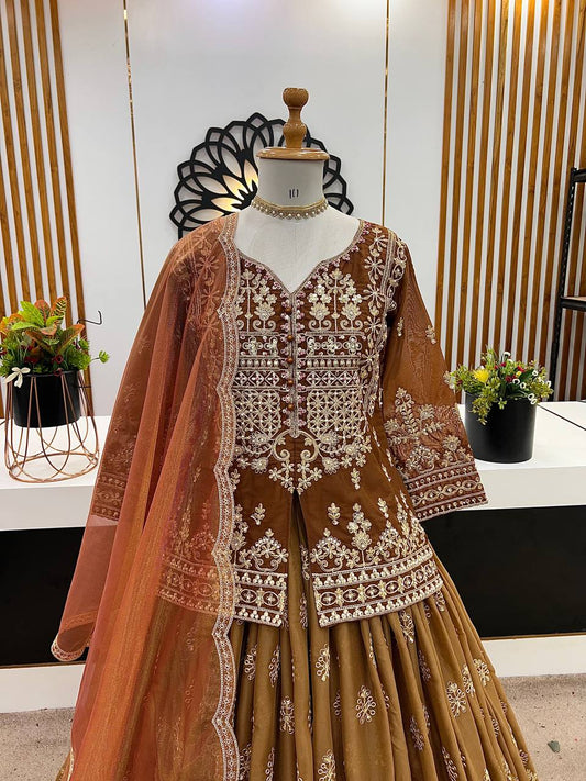 Georgette Embroidery Work Brown Color Top With Lehenga Choli
