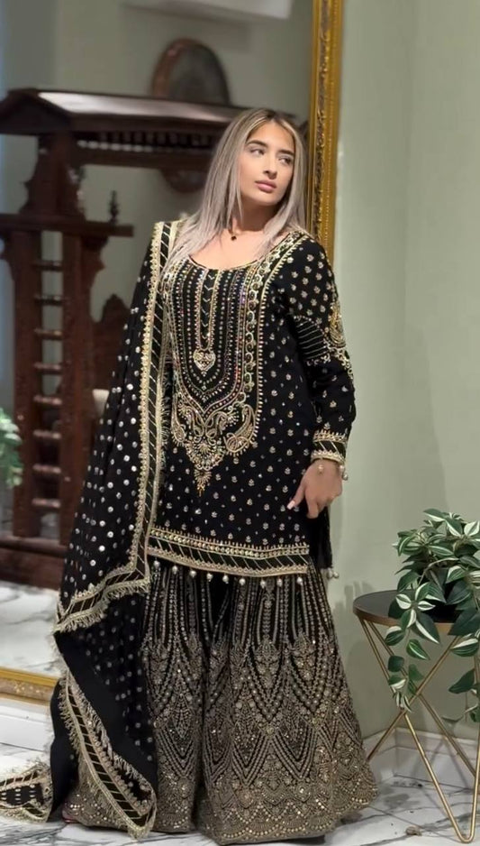 Black Color Heavy Work Flattering Sharara Suit
