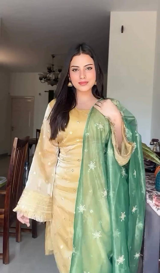 Stylish Gold Choo Silk Embroidery Work Kurti