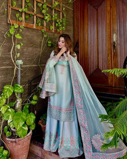 Attractive Sky Blue Silk Embroidered Palazzo Suit