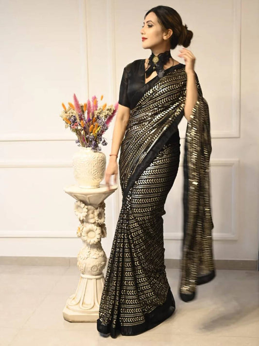 Exclusive Black Color Sequins Work Georgette Saree