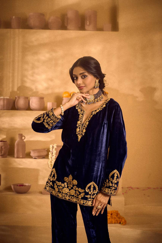 Stylish Blue Velvet with Embroidery Work Palazzo Suit