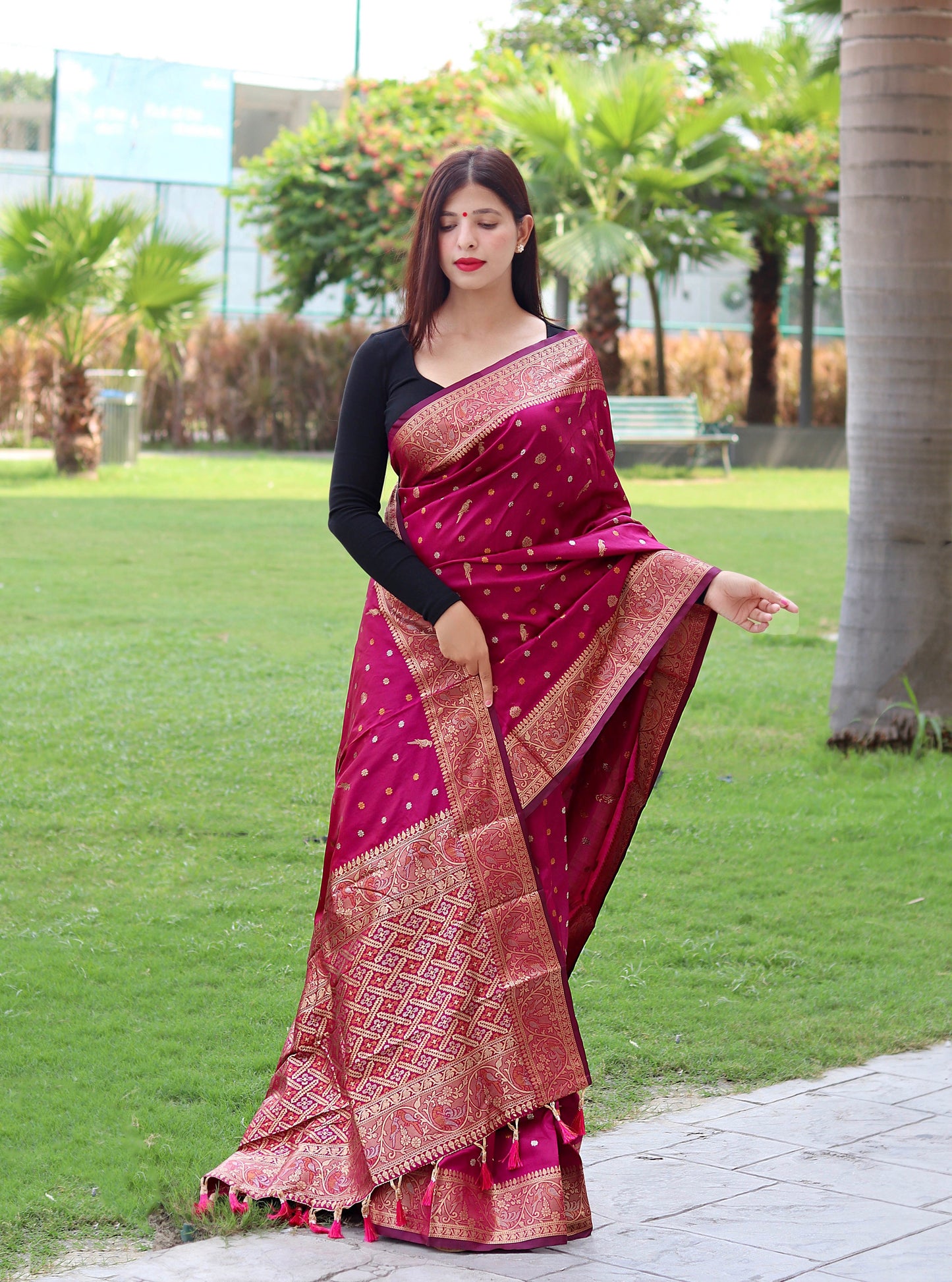 Copper And Golden Zari Border Pink Color Saree