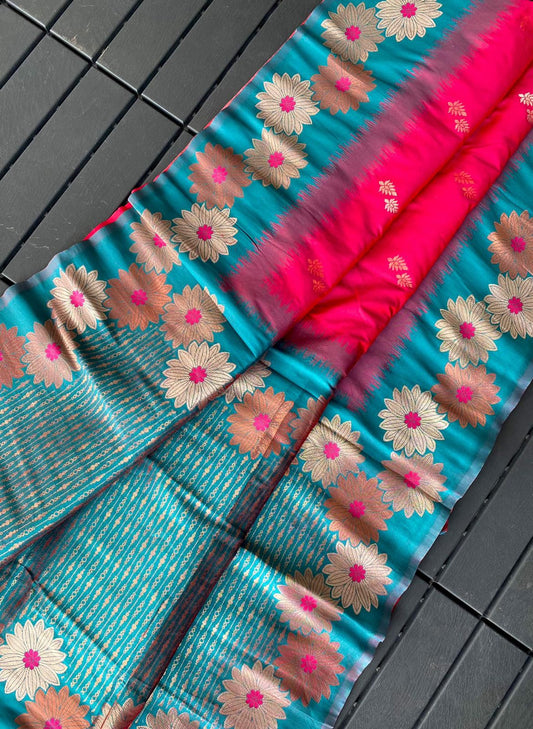 Lovely Floral Zari Weaving Border Pink Color Silk Saree