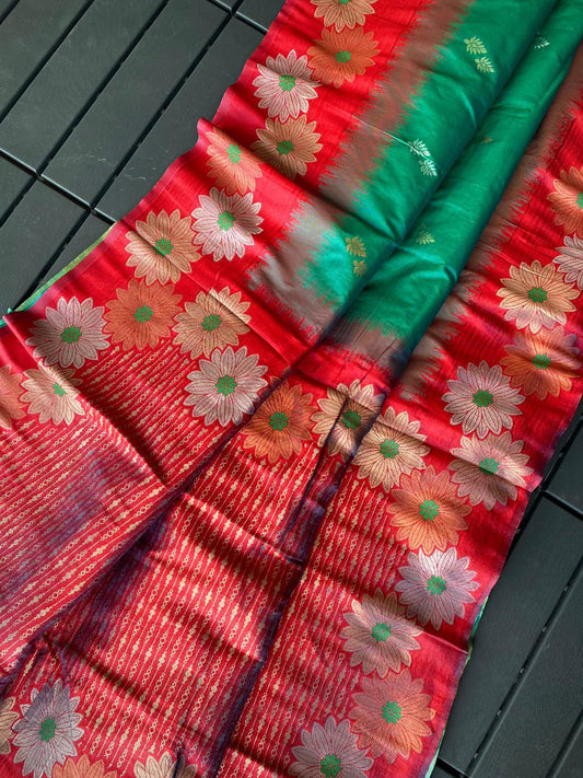 Lovely Floral Zari Weaving Border Rama Color Silk Saree