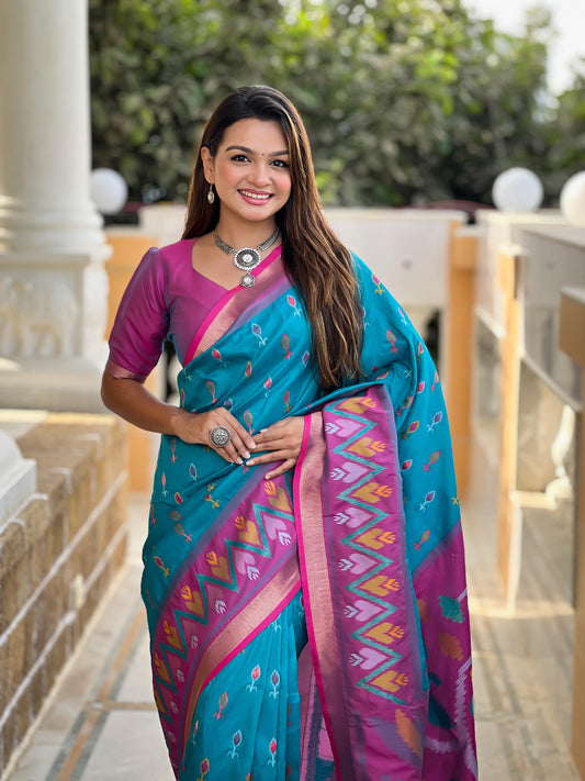 Sky Blue Color Patola Weaving Border Silk Saree