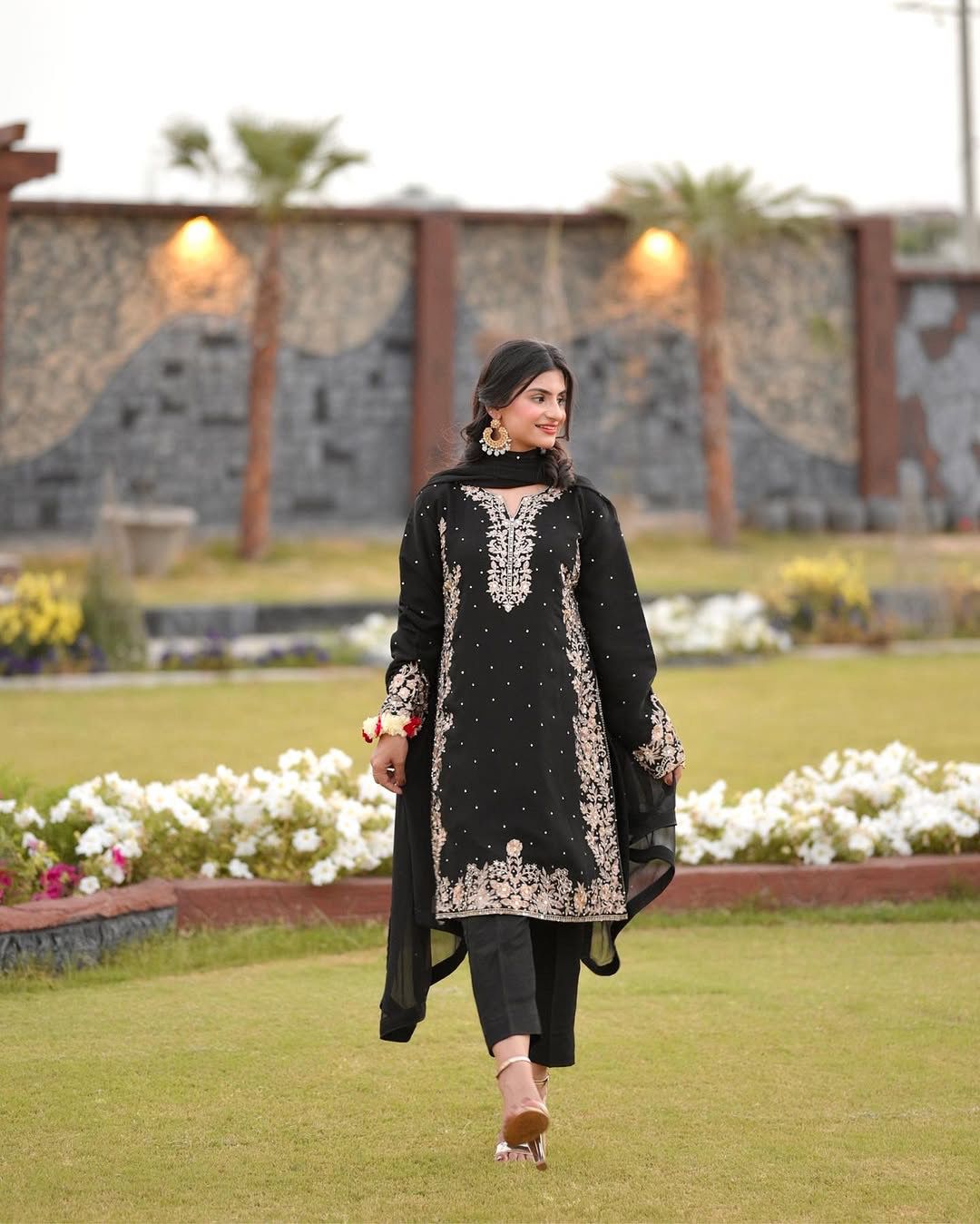 Outstanding Riveted Moti Work Black Color Palazzo Suit