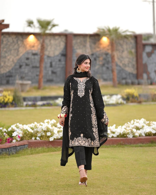 Outstanding Riveted Moti Work Black Color Palazzo Suit