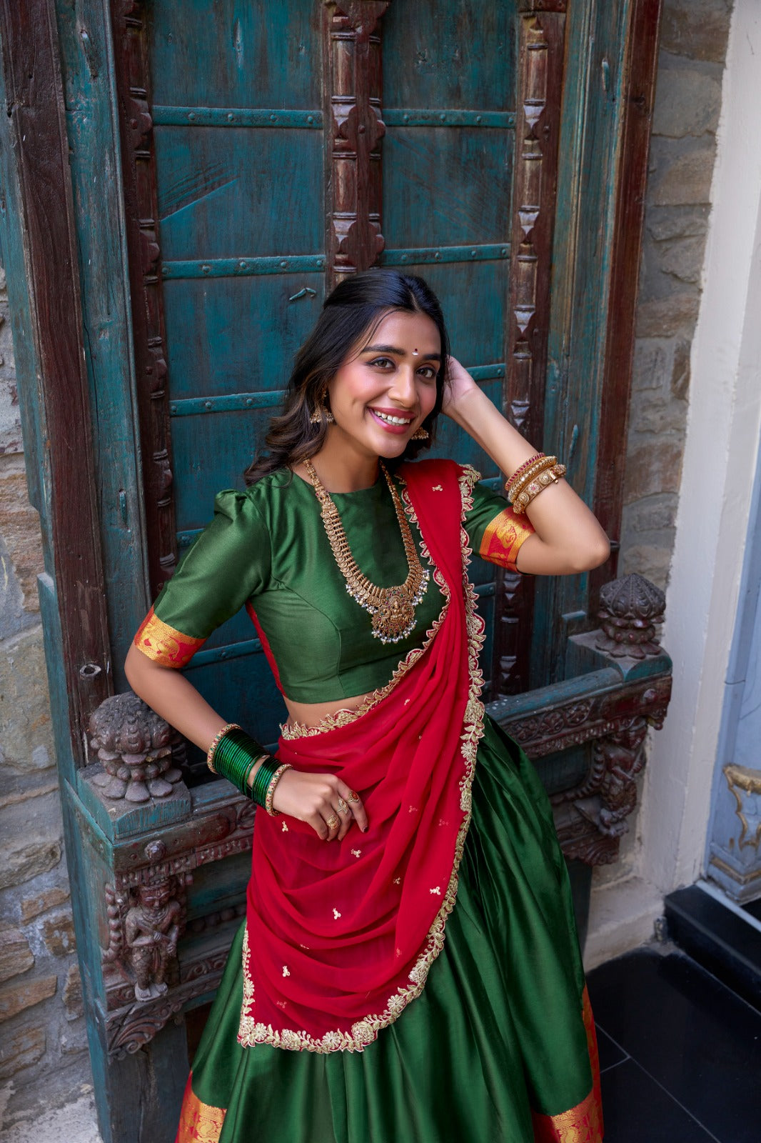 Blissful Zari Weaving Work Green & Red Color Lehenga Choli