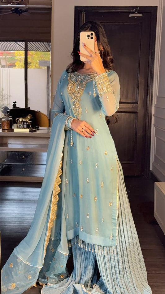 Precious Heavy Embroidery Sequence Work Rama Color Sharara Suit