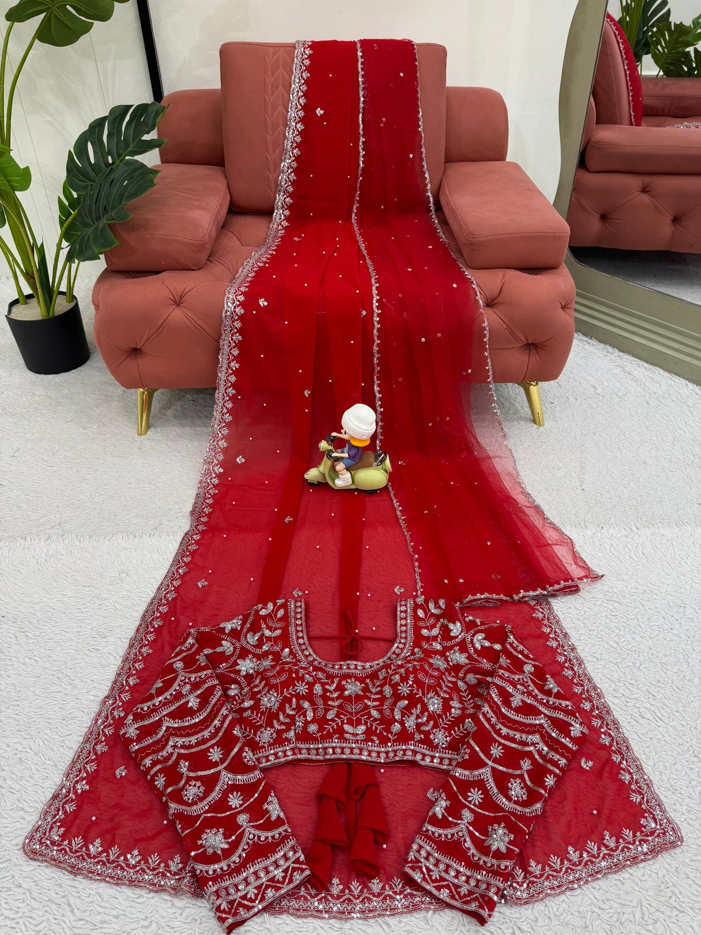 Pearl Work Red Color Attractive Net Saree