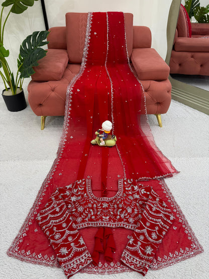 Pearl Work Red Color Attractive Net Saree