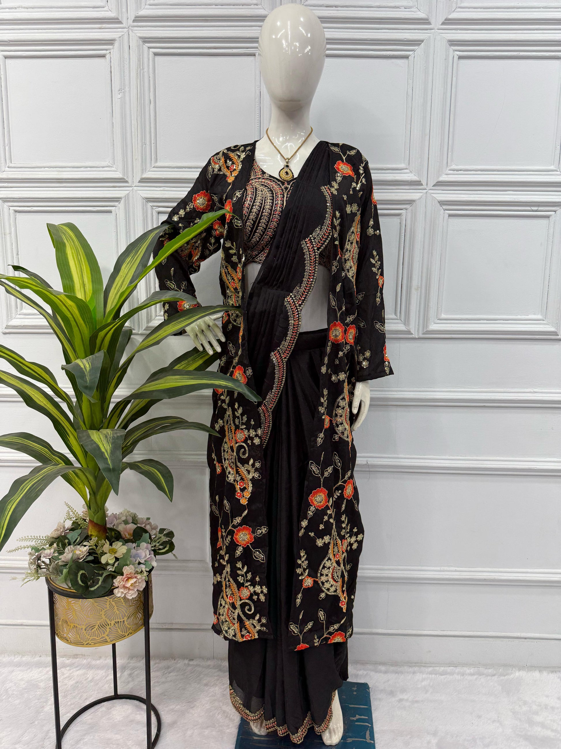 Eyes Catching Chinon Silk Black Color Ready To Wear Saree With Koti