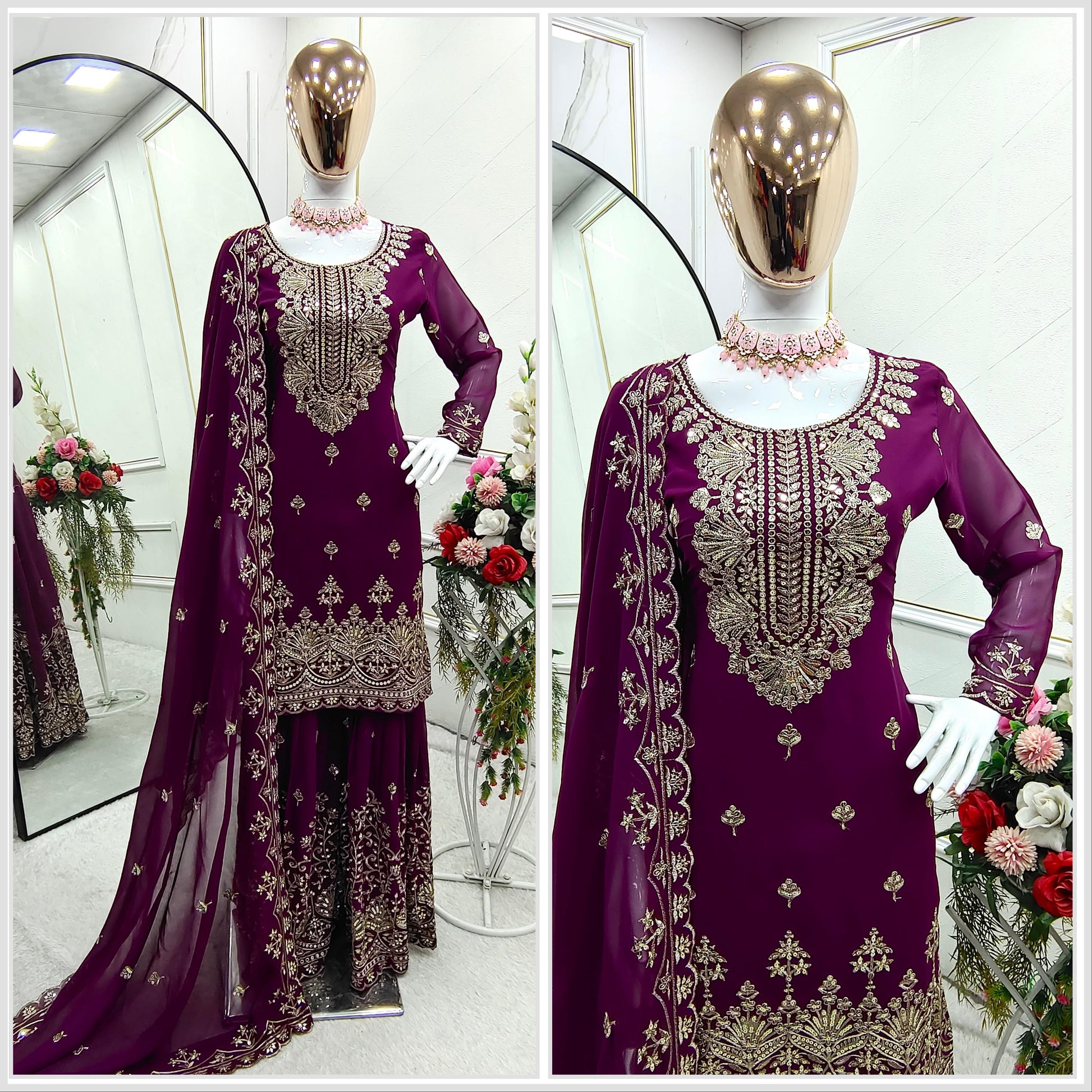 Fabulous Georgette Wine Color Sharara Suit