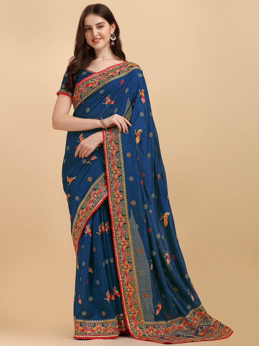 Party Wear Navy Blue Color Embroidered Work Vichitra Silk Saree