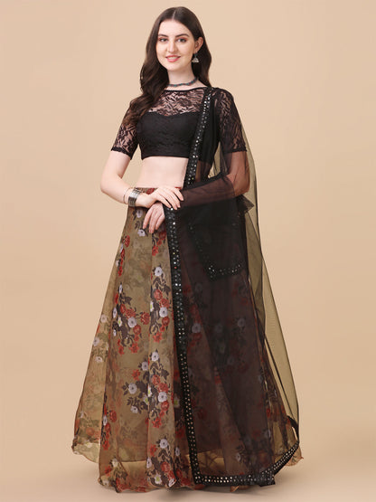Digital Printed Brown Color Organza Lehenga Choli