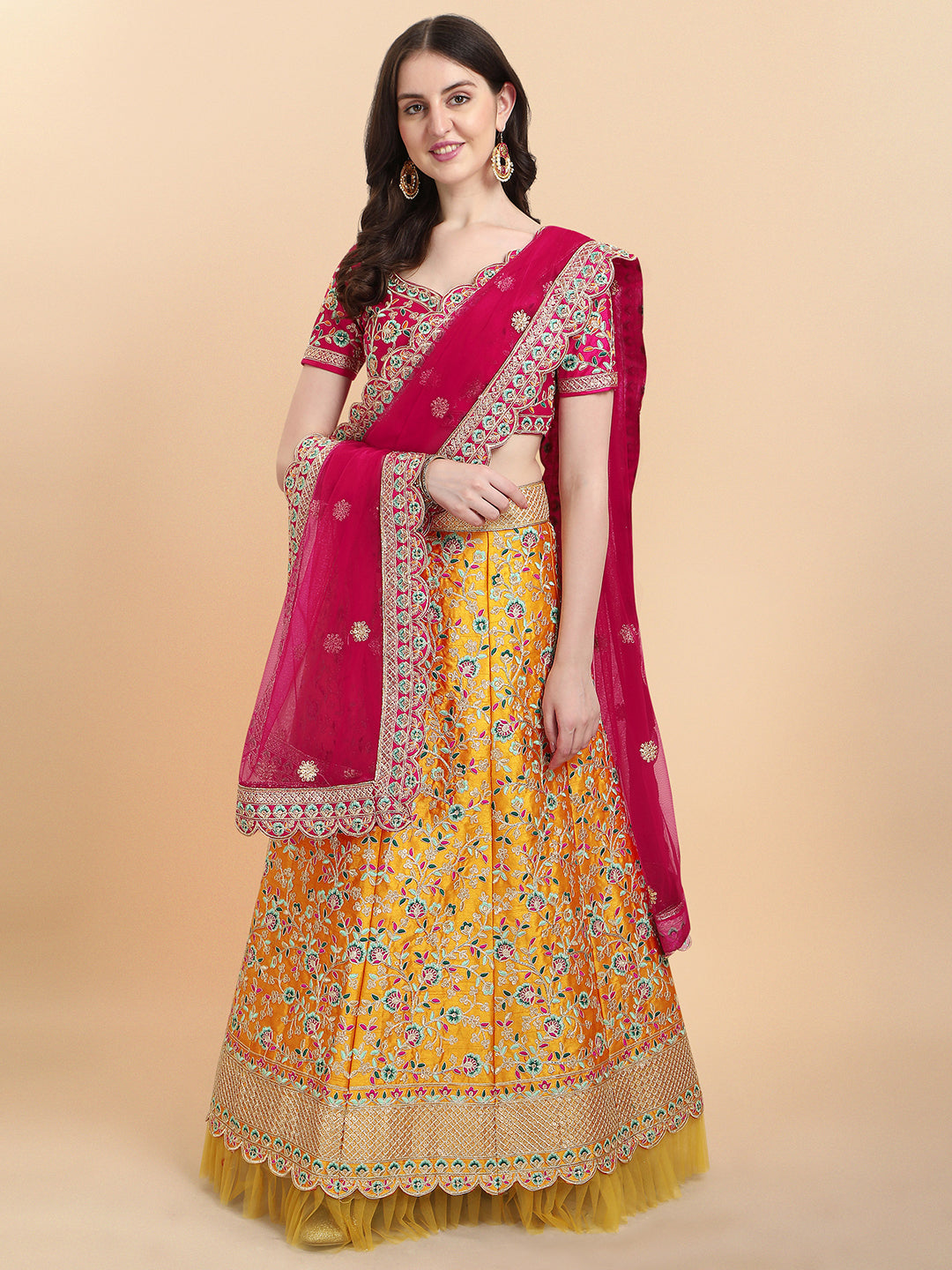Pink With Yellow Color Sequence Embroidered Work Silk Lehenga Choli