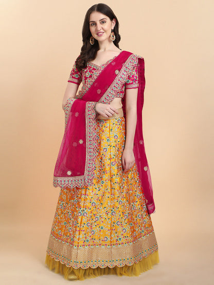 Pink With Yellow Color Sequence Embroidered Work Silk Lehenga Choli